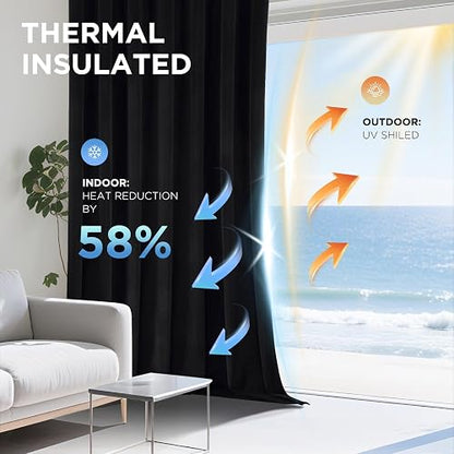 Joydeco - Cortinas Opacas 100% Negras, 2 Paneles, Cortinas de Terciopelo Negro con Aislamiento térmico de Lujo, para recámara, Sala de Estar, Cortinas Opacas insonorizadas, Bolsillo para Barra y