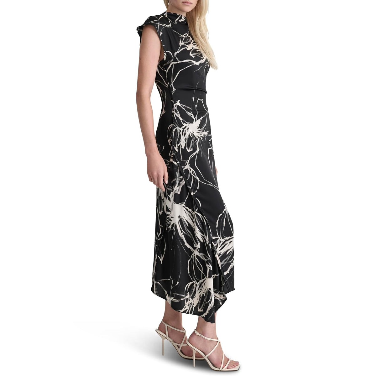 DKNY Sleeveless Mock Neck Ruched Bodice Asymmetrical Hem Maxi Dress Vestido Mujer
