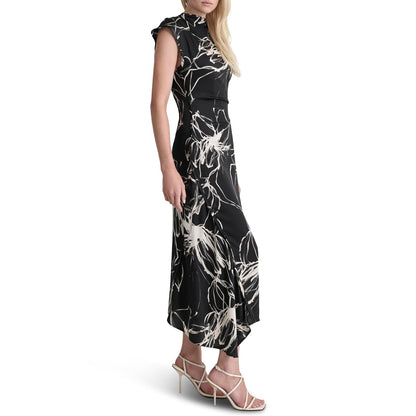 DKNY Sleeveless Mock Neck Ruched Bodice Asymmetrical Hem Maxi Dress Vestido Mujer