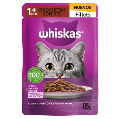 Whiskas Sobres para Gato, 24 Piezas de 85g, Varios Sabores - Brocheta con Res - Alimento Húmedo para Gato