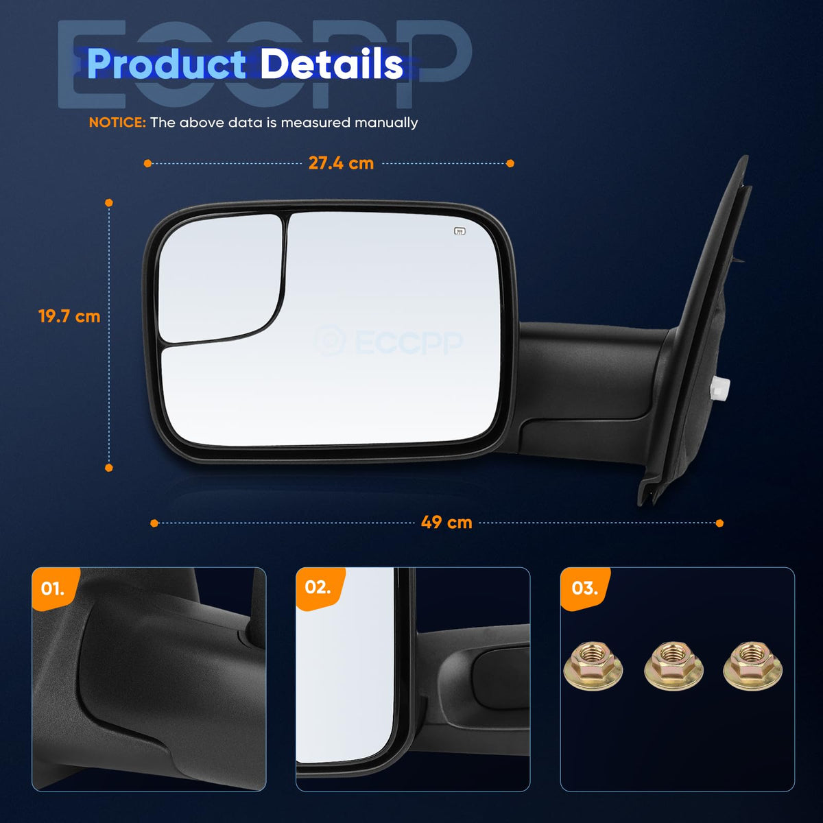 ECCPP Espejos de Remolque para Dodge Ram 1500/2500/3500 2003-2008, Negro, con Calefacción, 050264