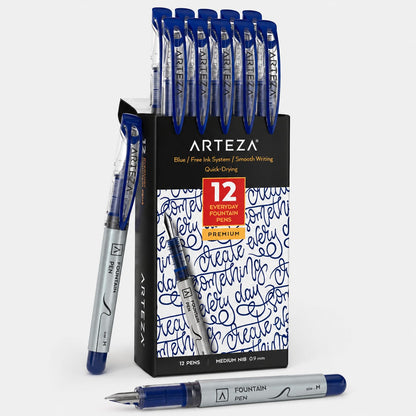 ARTEZA Plumas estilográficas desechables, paquete de 12, punta mediana de 0,9 mm, bolígrafo de tinta azul de secado rápido, suministros de arte para profesionales, estudiantes y aficionados