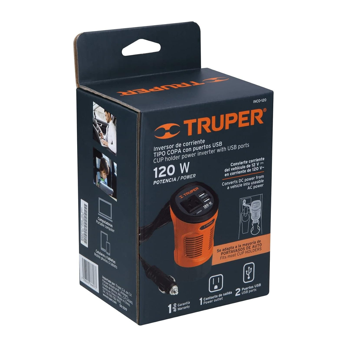 Truper INCO-120, Inversor de corriente 120 W tipo vaso 2 puertos USB
