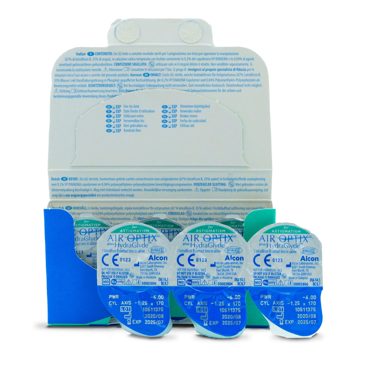 Air Optix plus HydraGlyde para Astigmatismo, 6 lentes, Dioptrías -4.5, Cylinder Axis 170, Corrección del cilindro -1.25