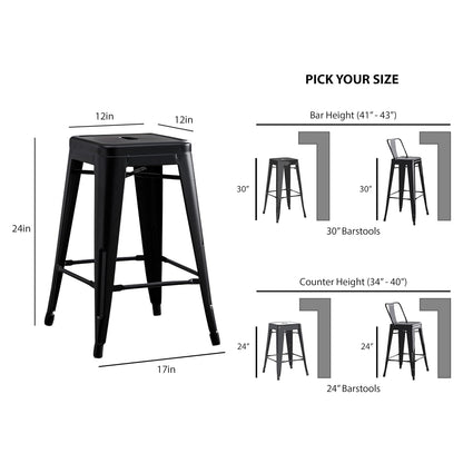 AC Pacific Modern Backless Light Weight Industrial Metal Barstool 4 Leg Design, 24" Seat Bar Stools (Set of 2), Matte Black Finish