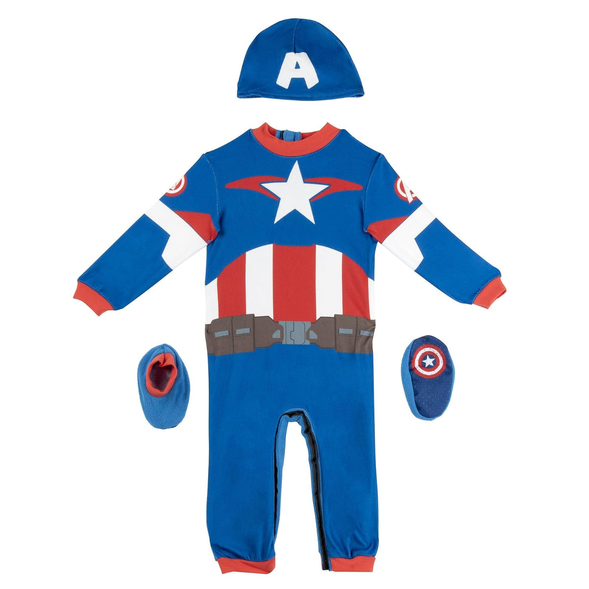 Marvel Captain America Official Infant Halloween Costume - Premium Minky Fabric Jumpsuit and Non-Slip Booties