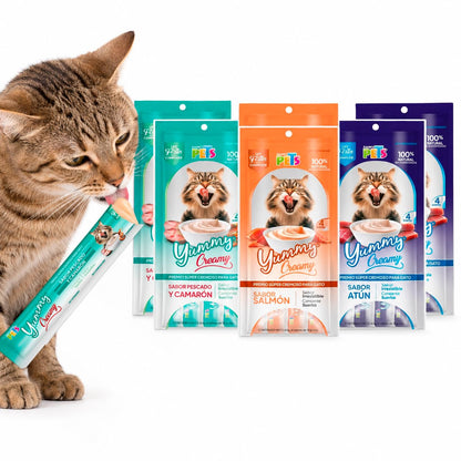 Fancy Pets Yummy Creamy Premio Cremoso Lamible para Gato Surtido 12 Tubos (4 Atún, 4 Salmón, 4 Camarón)