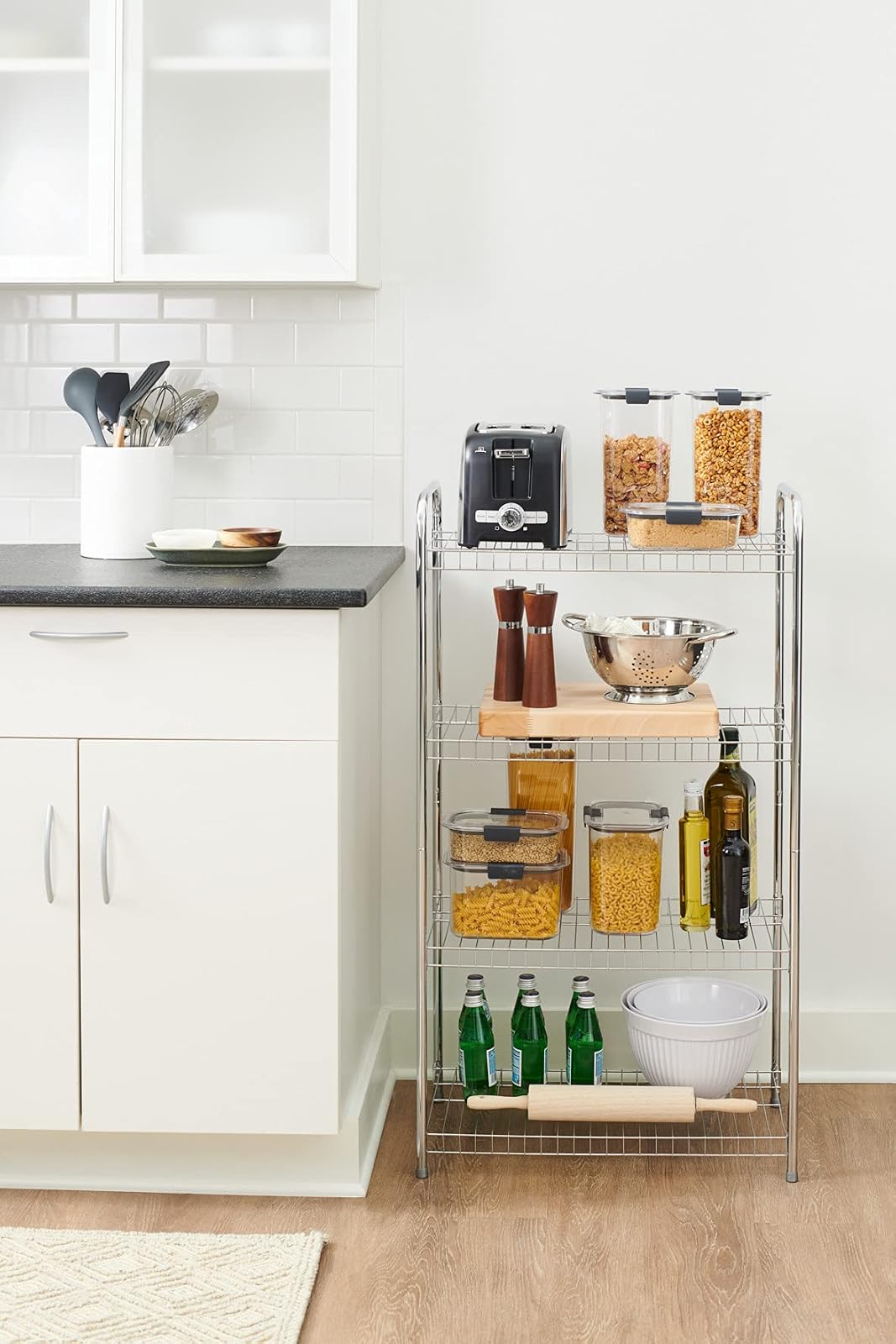 Rubbermaid Estante de Alambre Resistente de 4 Niveles, níquel Satinado, fácil de Montar con Accesorios incluidos, para Uso en Alimentos, lavandería, clóset y Almacenamiento en el hogar