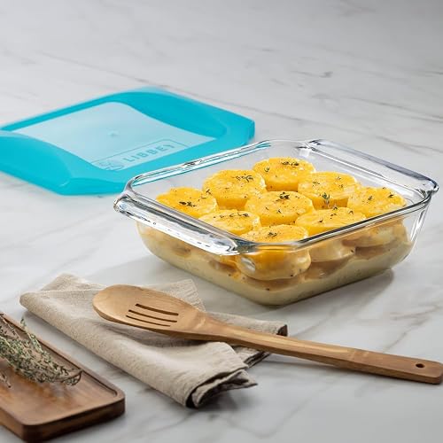 Libbey Baker's Premium - Juego de 2 platos de vidrio para hornear de 8 x 8 pulgadas con tapas, utensilios apilables con asas GreatGrip, platos cuadrados cubiertos duraderos
