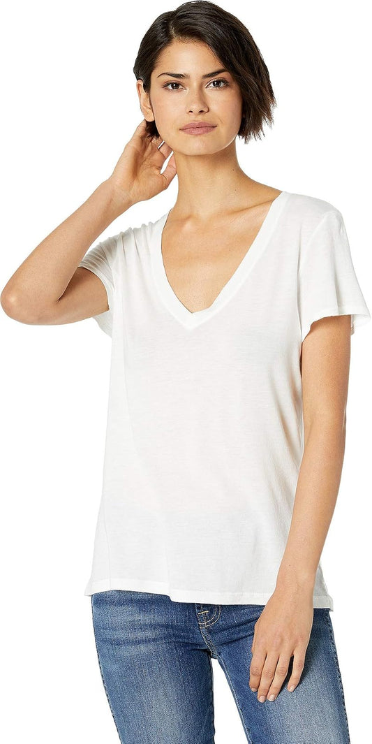 Splendid Camiseta de Manga Corta con Cuello en V para Mujer, Blanco, XS Loose