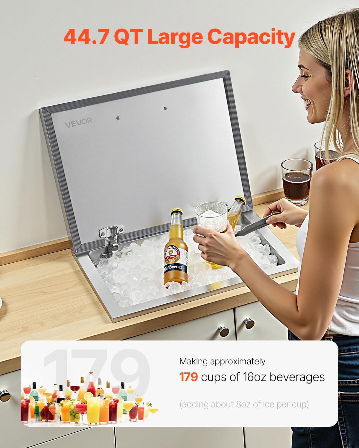 VEVOR - Cofre de hielo caída, enfriador de acero inoxidable, cubeta de hielo comercial con tapa para cocina al aire última intervensión, bar de patio, juego de tubos de drenaje incluidos, contenedores