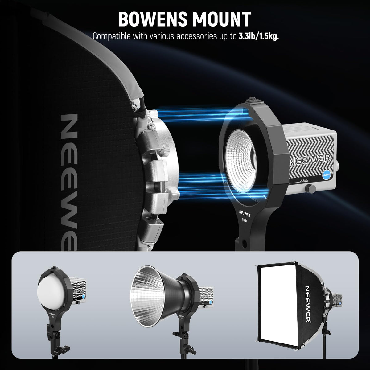 NEEWER Soporte Adaptador Montura Bowens, Anillo Adaptador Mini a Bowens con Rosca Paraguas, Receptor 5/8", Inclinación 180°SOLO para NEEWER HS60B/HS60C Luces Vídeo Foco Portátiles, CHB1