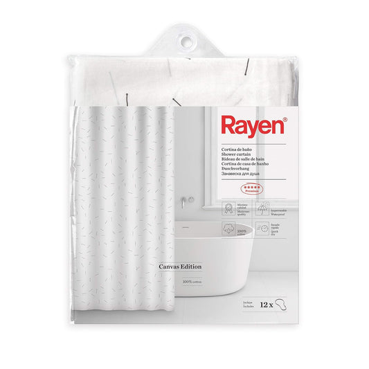 Rayen | Cortina de baño | Cortina de Ducha o bañera | Impermeable | Lienzo 100% algodón | Secado rápido | Opacas | Anillos de Metal | Incluye 12 Ganchos de Metal | 180 x 200 cm | Blanco