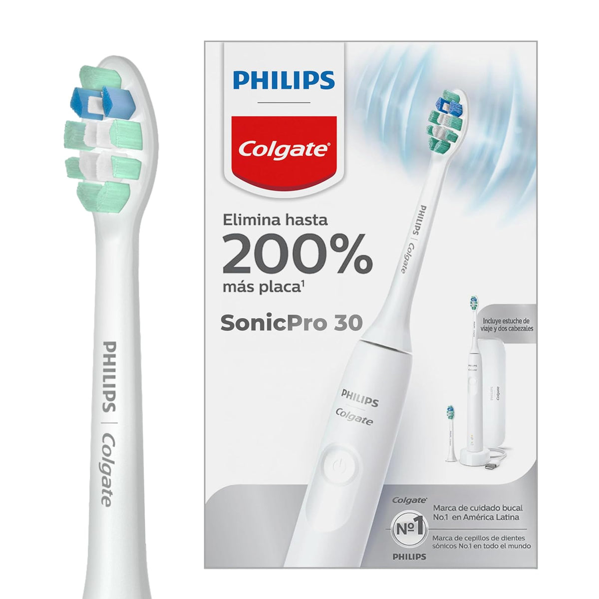 Philips Colgate Cepillo de Dientes Eléctrico SonicPro 30 Tecnología Sónica | 2 Modos de Cepillado, Sensor de Presión, Batería Recargable, Estuche de Viaje