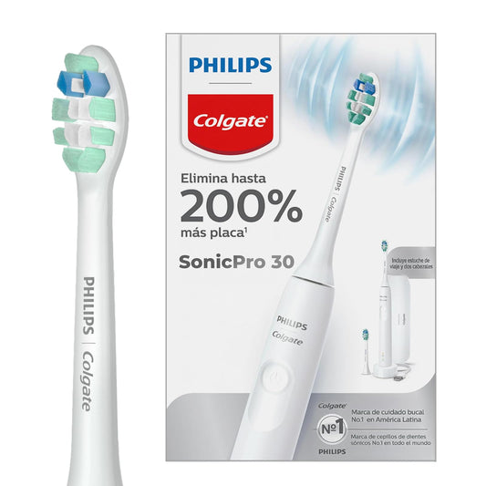 Philips Colgate Cepillo de Dientes Eléctrico SonicPro 30 Tecnología Sónica | 2 Modos de Cepillado, Sensor de Presión, Batería Recargable, Estuche de Viaje