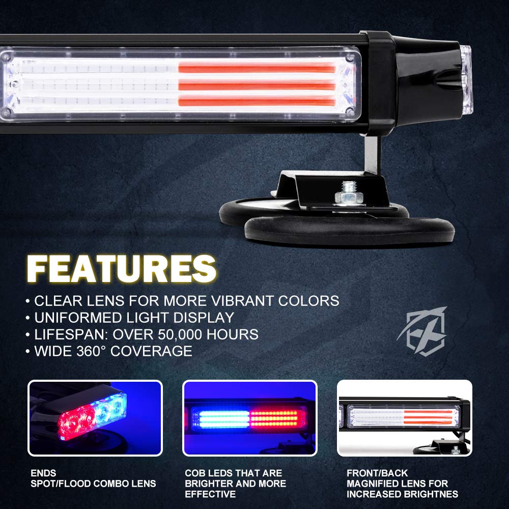Xprite - Barra de luz LED LED estroboscópica para techo con doble cara de advertencia de peligro, luces de policía con base magnética para vehículos de seguridad de emergencia, camiones, bomberos,