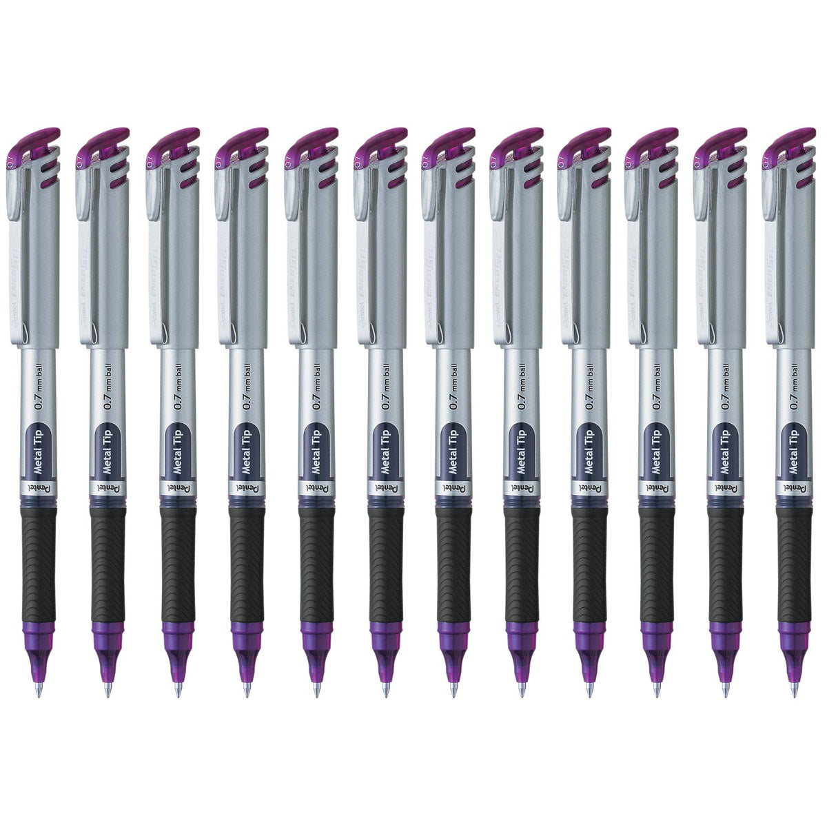 Pentel EnerGel Bolígrafo de Gel Líquido, Punto Fino, 0.7 mm, Cuerpo Plateado, Tinta Violeta, Caja con 12 Piezas, BL17-V