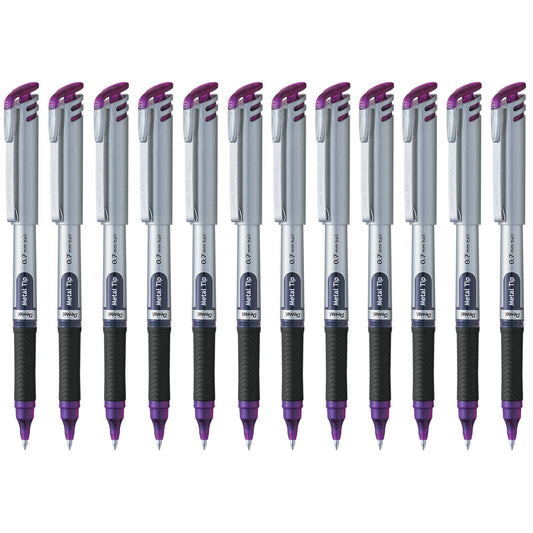 Pentel EnerGel Bolígrafo de Gel Líquido, Punto Fino, 0.7 mm, Cuerpo Plateado, Tinta Violeta, Caja con 12 Piezas, BL17-V