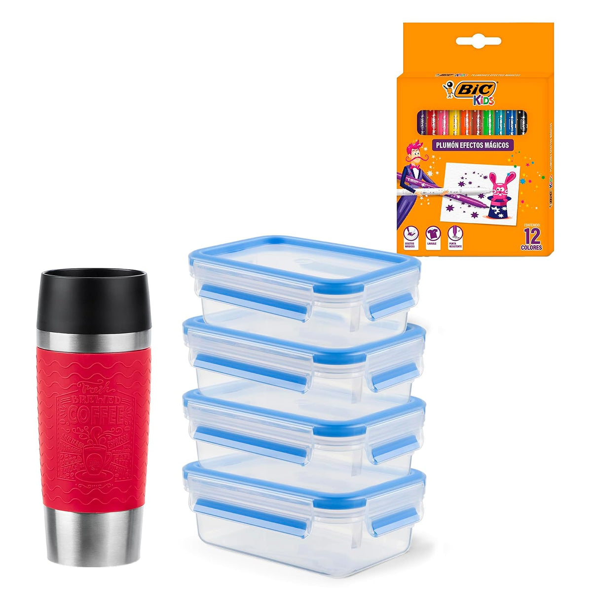 T-fal Combo Regreso a Clases con 4 Contenedores de alimento de 55 ml, Termo con Exterior de silicona color Rojo de 350 ml y Estuche de 12 plumones mágicos de regalo K3021112M