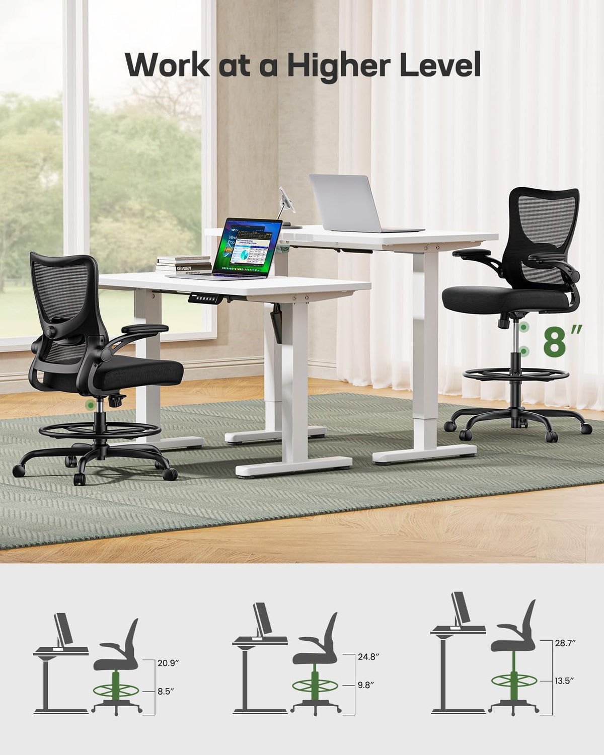 Marsail - Silla de dibujo, silla de oficina alta con soporte lumbar 2D, silla de computadora de pie, silla de oficina alta con reposabrazos abatibles acolchados y anillo de reposapiés ajustable, color