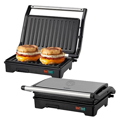 Hukën x MasterChef | Parrilla Eléctrica Multifuncional | Panini GRILL+ 2 Rebanadas | Apertura 180° | Antiadherente de Alto Nivel | Calentamiento Rápido | Temperatura Automática | Acero Inoxidable