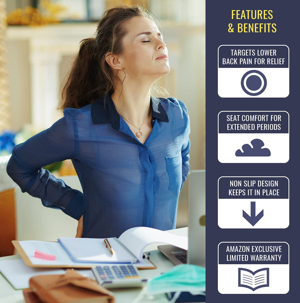 Duro-Med Foam Seat Cushion for Coccyx Support and Better Posture, Navy