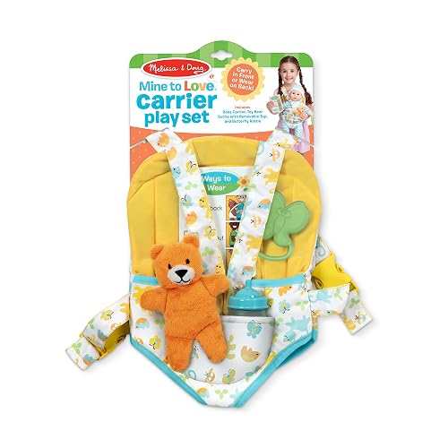 Melissa & Doug Mine to Love Set de Mochila para Llevar Muñecos Bebé | 5 piezas, portador de muñecas ajustable, oso de juguete, biberón, juego de rol de construcción de empatía