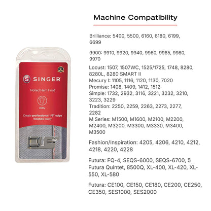 Singer | Narrow Rolled Hem Foot for Low-Shank Sewing Machines, 1/8 Inch Hem, Light to Medium Weight Fabrics, Couch Over Narrow Cord - Sewing Made Easy