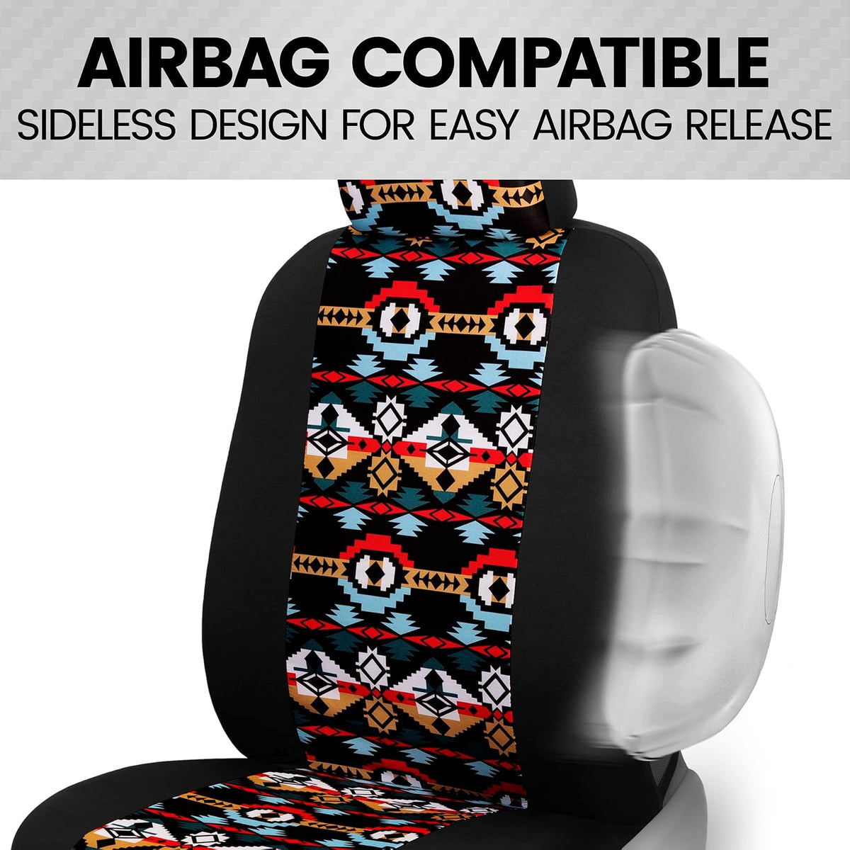 BDK Fundas de Asiento Azul Azteca | Paquete de 2, asientos delanteros, diseño sin laterales, ajuste universal, reposacabezas a juego