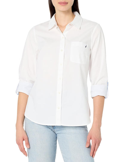 Nautica Camisa de Mezclilla Manga Larga con Botones para Mujer - M - Blanco brillante