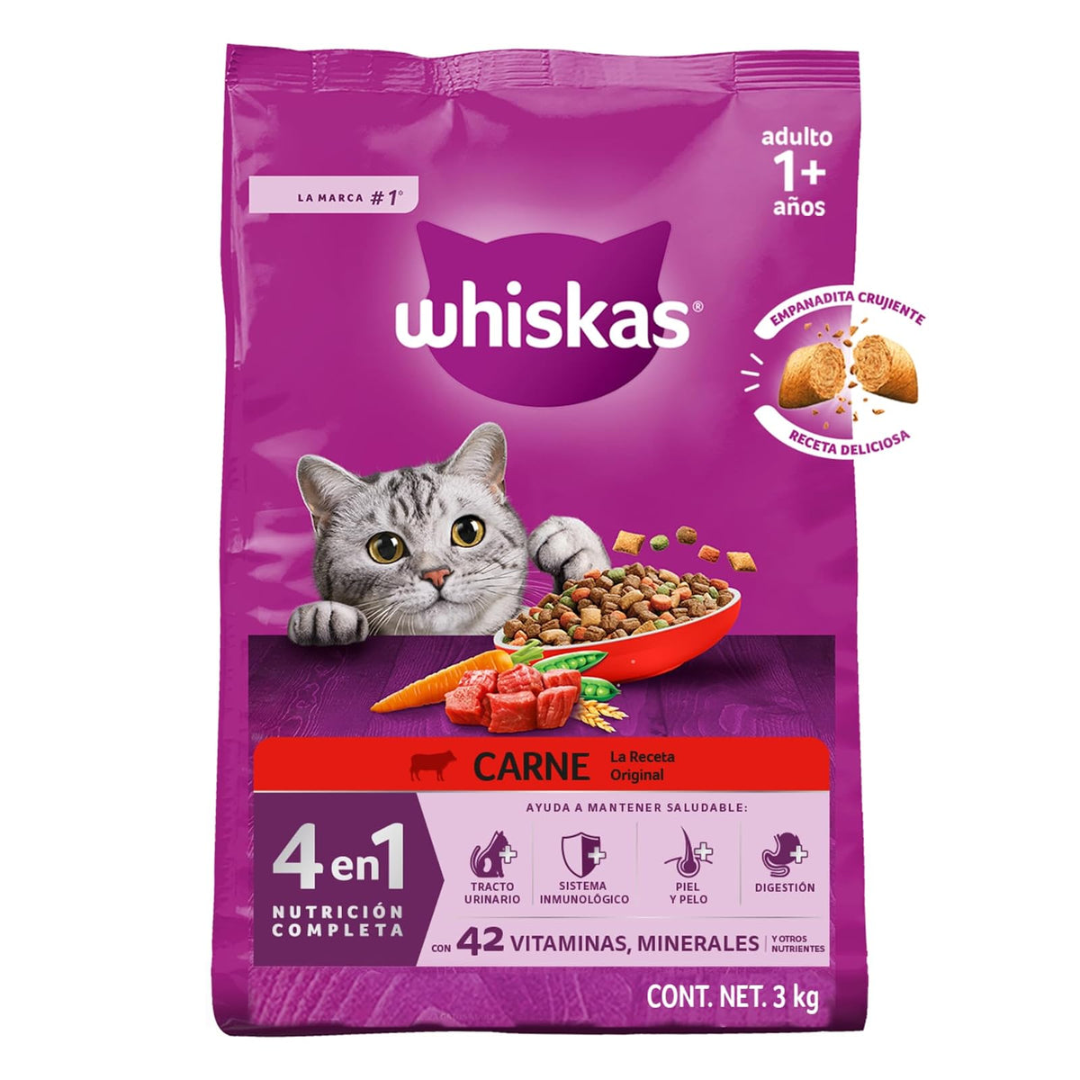 Whiskas Alimento Seco para Gatos Adultos 4 en 1, 100% Nutrición Completa y – Sabor Carne 3kg