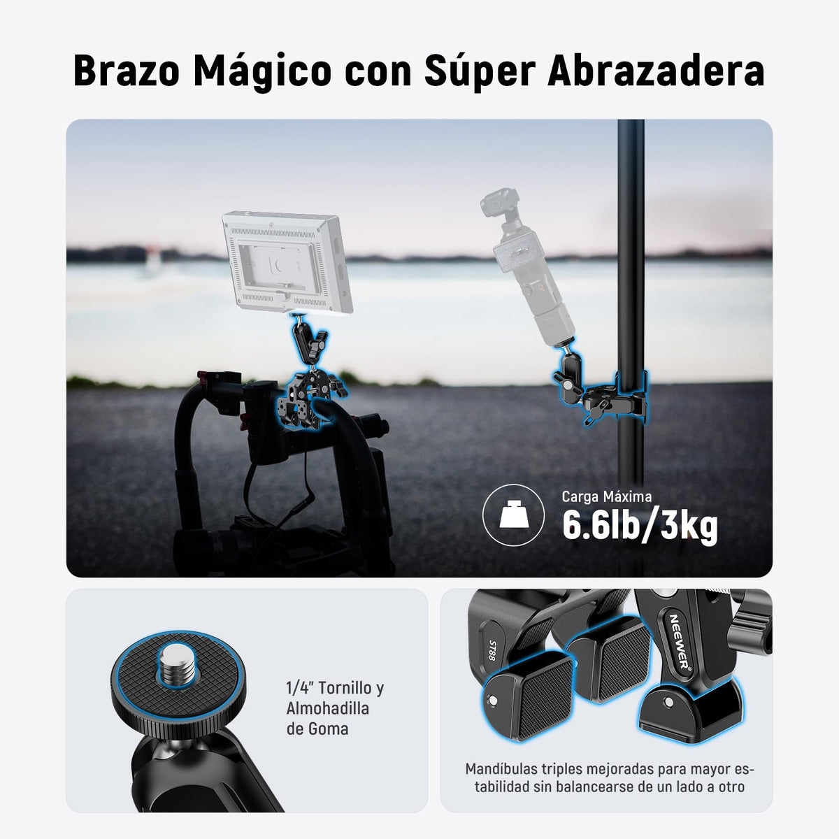 NEEWER Super Clamp con 3" Brazo Mágico Doble Cabeza Esférica, Phone Clamp Cámara con Roscas 1/4" 3/8", Soporte Teléfono, Adaptador Cámara Acción Compatible con GoPro dji iPhone 16 15 Pro MAX, ST88