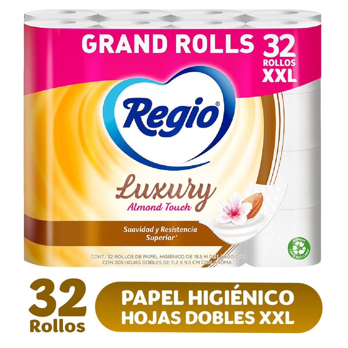 Regio Rinde+ Toallas de papel, 250 hojas dobles, 1 rollo + Papel Higiénico Luxury Almond Touch; Ligero Aroma A Almendras Y Hojas Dobles; Marca 32 Rollos, color, 32 count, pack of/paquete de