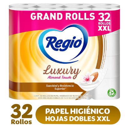 Regio Rinde+ Toallas de papel, 250 hojas dobles, 1 rollo + Papel Higiénico Luxury Almond Touch; Ligero Aroma A Almendras Y Hojas Dobles; Marca 32 Rollos, color, 32 count, pack of/paquete de