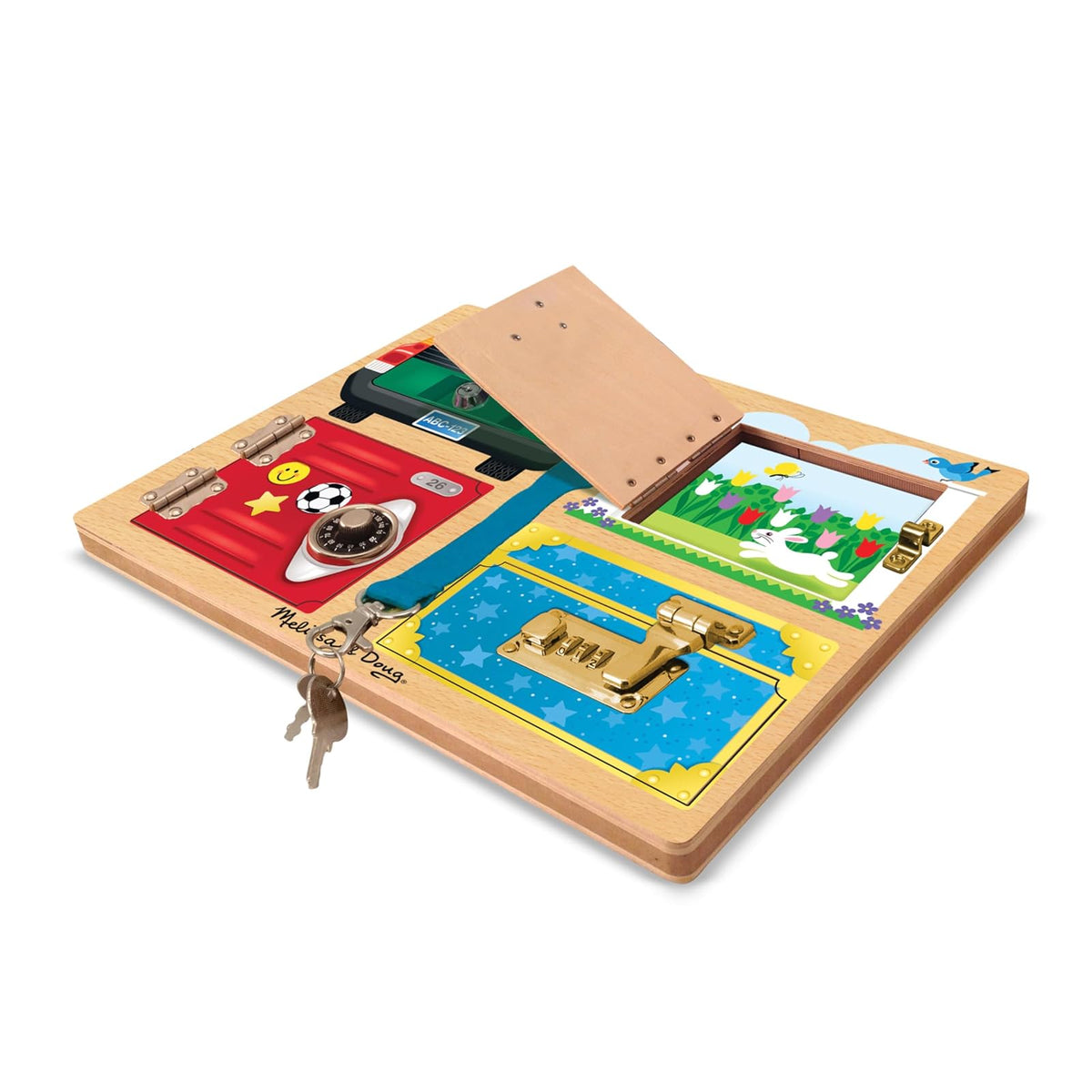 Melissa & Doug Tablero de Juego con Cierres y Cerraduras, Juguete de Madera, Juguete Educativo, Construcción Robusta de Madera, Ayuda a Desarrollar Habilidades Motoras Finas (5.842 cm alto x 24.003 cm ancho x 3.556 cm largo)