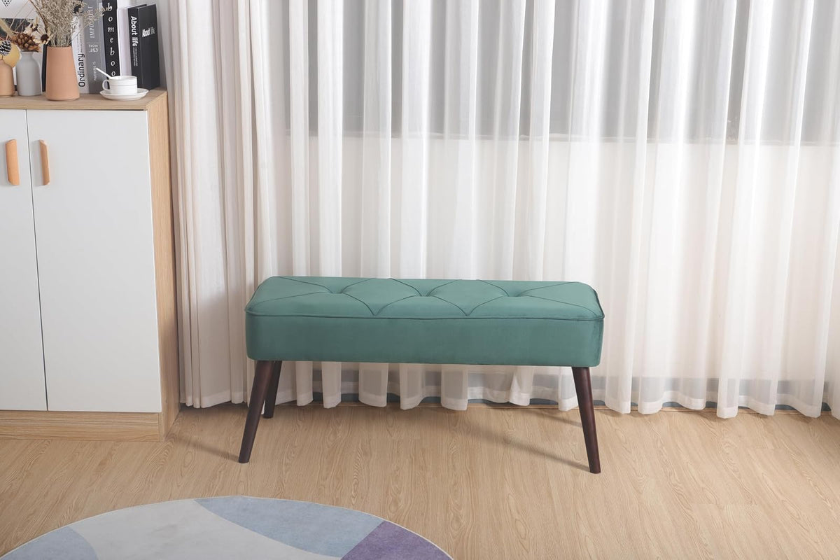 Sochic Taburete Tapizado en Terciopelo Verde con Patas de Madera de Caucho de Nogal y Marco de Madera