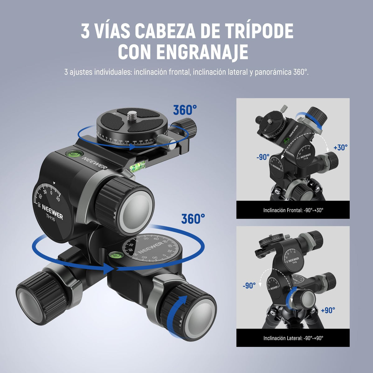 NEEWER Cabezal de trípode de 3 vías con placa QR tipo Pan Arca de 360°, microajuste milimétrico, cabezal de inclinación de 3 ejes de aleación de aluminio con interruptor rápido, modos dobles grandes y