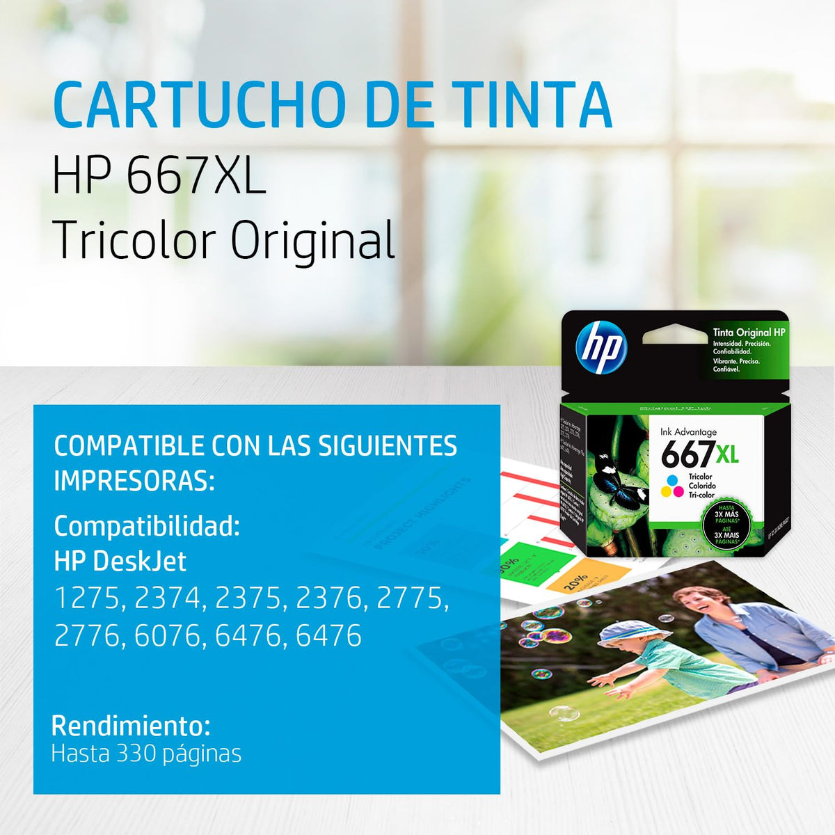 HP Cartucho de Tinta 667XL Tricolor Original, Compatibilidad con Impresoras DeskJet Ink Advantage 1275, 2374, 2375, 2376, 2775, 2776, 6076, 6476, 6476, Rendimiento hasta 330 páginas (3YM80AL)