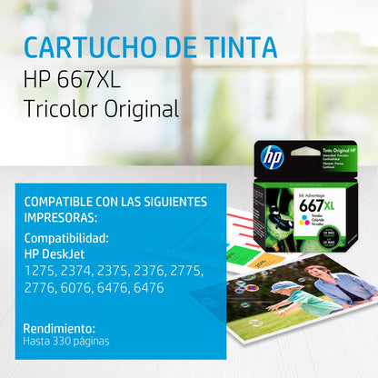 HP Cartucho de Tinta 667XL Tricolor Original, Compatibilidad con Impresoras DeskJet Ink Advantage 1275, 2374, 2375, 2376, 2775, 2776, 6076, 6476, 6476, Rendimiento hasta 330 páginas (3YM80AL)