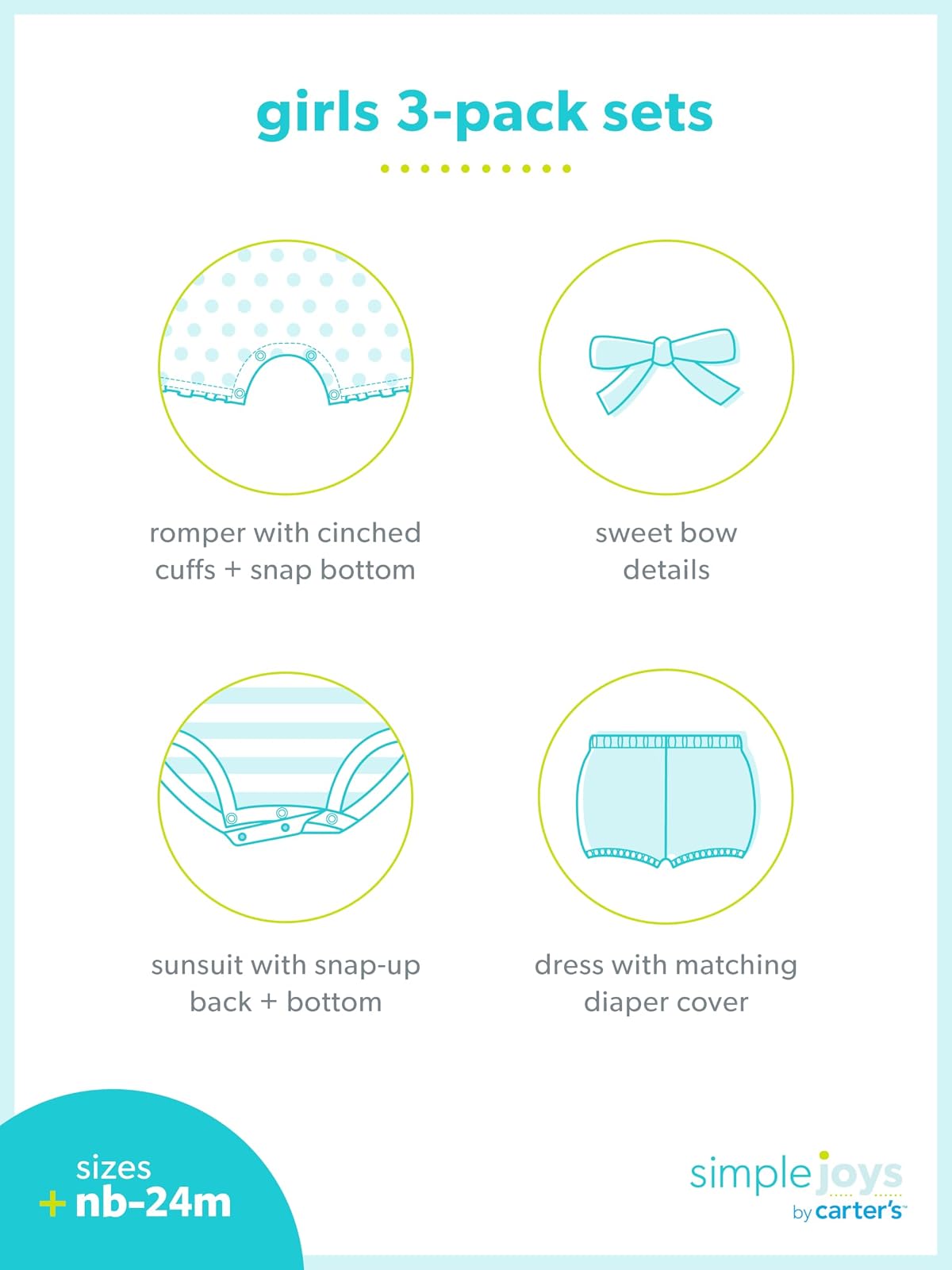 Simple Joys by Carter's - Paquete de 3 mamelucos, traje de sol y vestido para niña