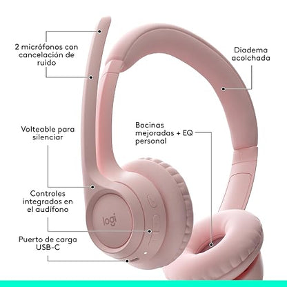 Logitech Zone 300, Auriculares con micrófono Bluetooth inalámbricos, compatibles con Windows, Mac, Chrome, Linux, iOS, iPadOS, Android – Rosa
