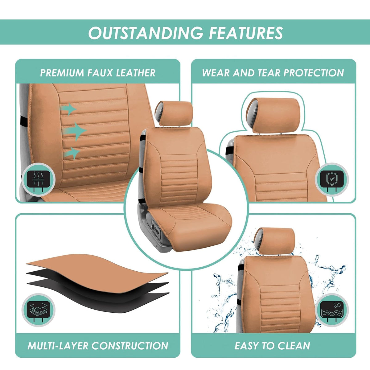 FH GROUP PU206TAN102 Tan Multifunctional Quilted Leather Front Seat Cushion, Set of 2 (W. Seatback Organizer Storage - Airbag Safe)