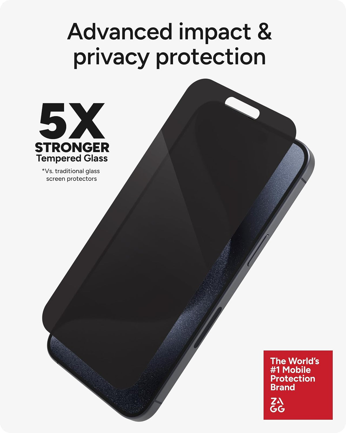 ZAGG InvisibleShield Glass Elite Privacy iPhone 15 Pro Max - Protector de visualización 5X más fuerte con bordes reforzados, filtro de privacidad de 2 vías, superficie resistente a arañazos y manchas,