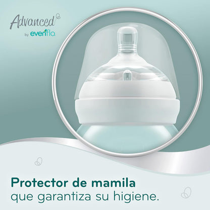Evenflo Advanced Biberón Anticólicos Avanzado, Cuello Ancho, Transparente, 270ml, 2 Piezas, Flujo Medio, Silicón Grado Alimenticio, Sistema Doble Válvula, para Bebés desde 3 Meses