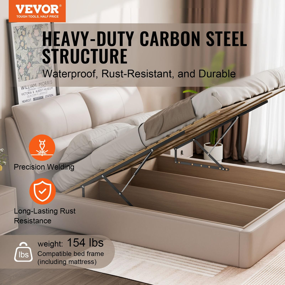 VEVOR Elevador de Cama, Tamaño de Cama Compatible 150 x 180 cm, Capacidad de Carga 70 kg, para Bricolaje, Palanca Neumática Vertical de Lujo, para Habitación de Invitados, 1080 x 750 x 45 mm, Negro