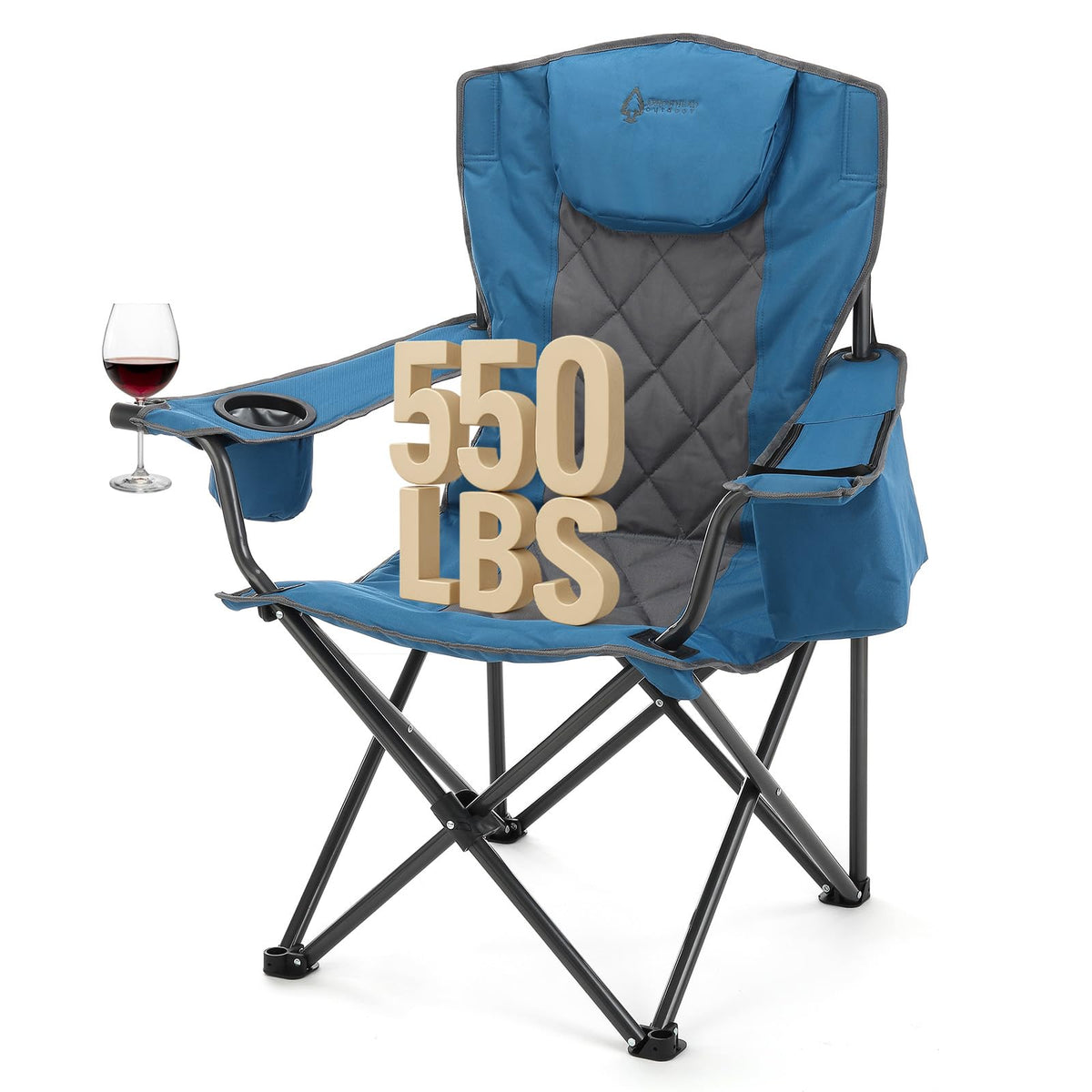 ARROWHEAD Outdoor - Silla plegable portátil para camping con enfriador de 6 latas, portavasos y copas de vino, bolsa de transporte resistente, reposabrazos acolchados, reposacabezas y asiento, soporta