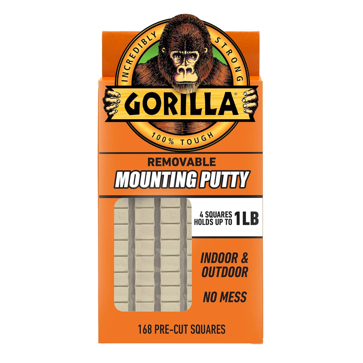 Gorilla - Masilla de montaje, color bronceado natural, 168 cuadrados precortados (paquete de 1) - Masilla de pared extraíble y reposicionable no tóxica