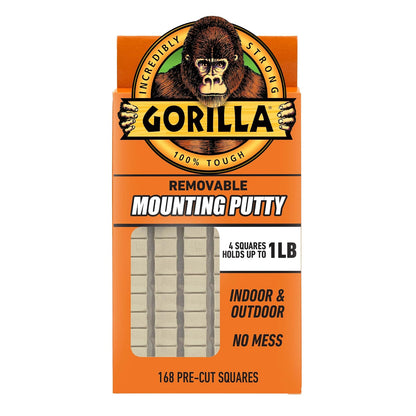 Gorilla - Masilla de montaje, color bronceado natural, 168 cuadrados precortados (paquete de 1) - Masilla de pared extraíble y reposicionable no tóxica