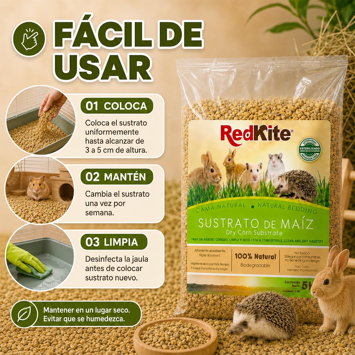 Red Kite Sustrato de Maíz Natural para Pequeños Mamíferos y Aves, 100% Natural, Alta Absorción, 5 kg
