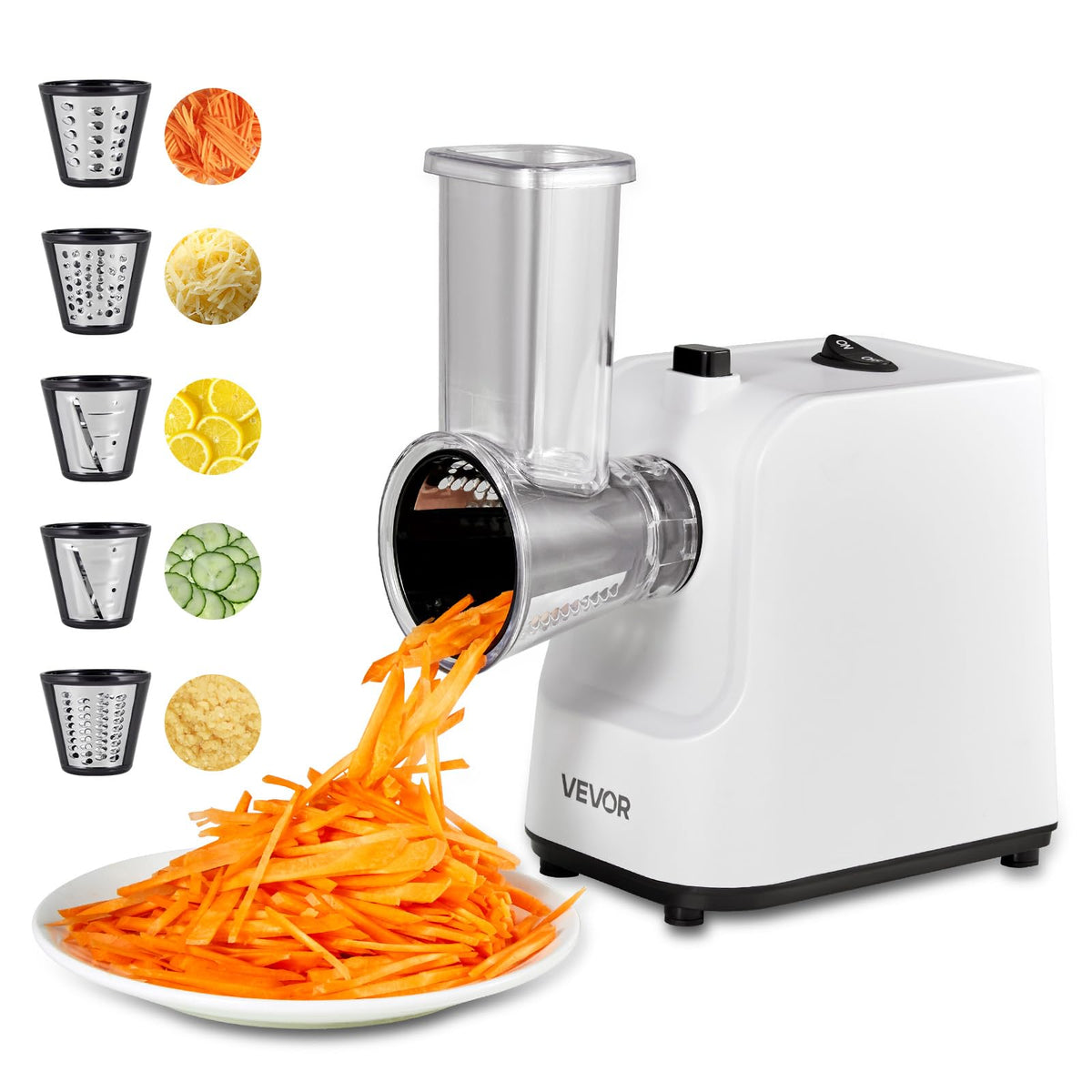 VEVOR Rallador de queso eléctrico para ensaladas,200 W,cortador de verduras eléctrico, triturador y picador para frutas con 5 accesorios,cortador de alimentos de acero inoxidable para verduras